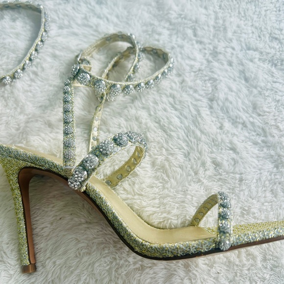 NEW Steve Madden Rhinestone Wrap Heels 8.5 Gold Formal Wedding High Heel Sandals - Picture 14 of 16